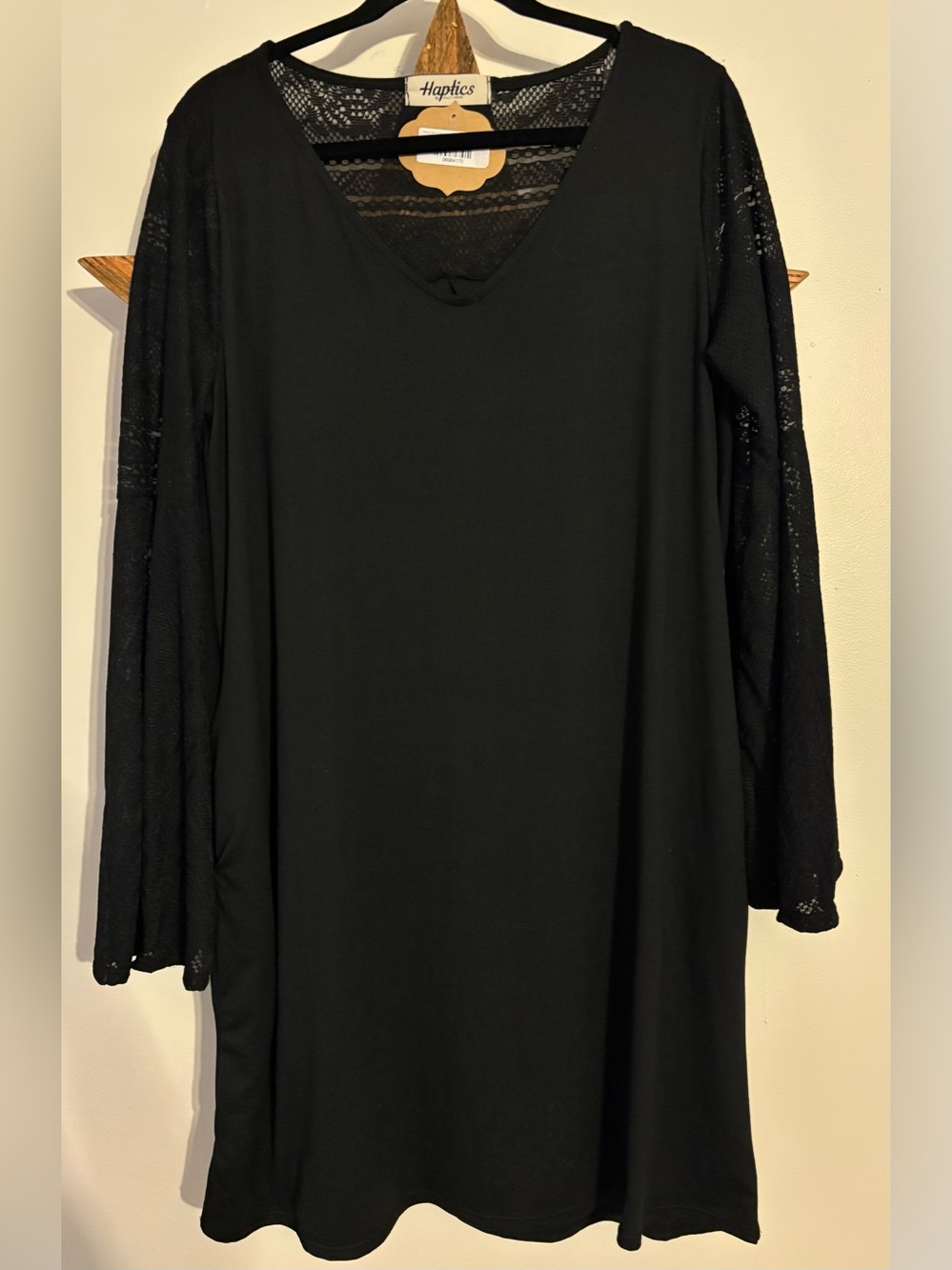 Haptics Black V-Neck Long Sleeve Dress with Lace Sleeves